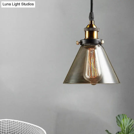 Industrial Brass Smoked Glass Cone Pendant Ceiling Light - 1-Light Fixture