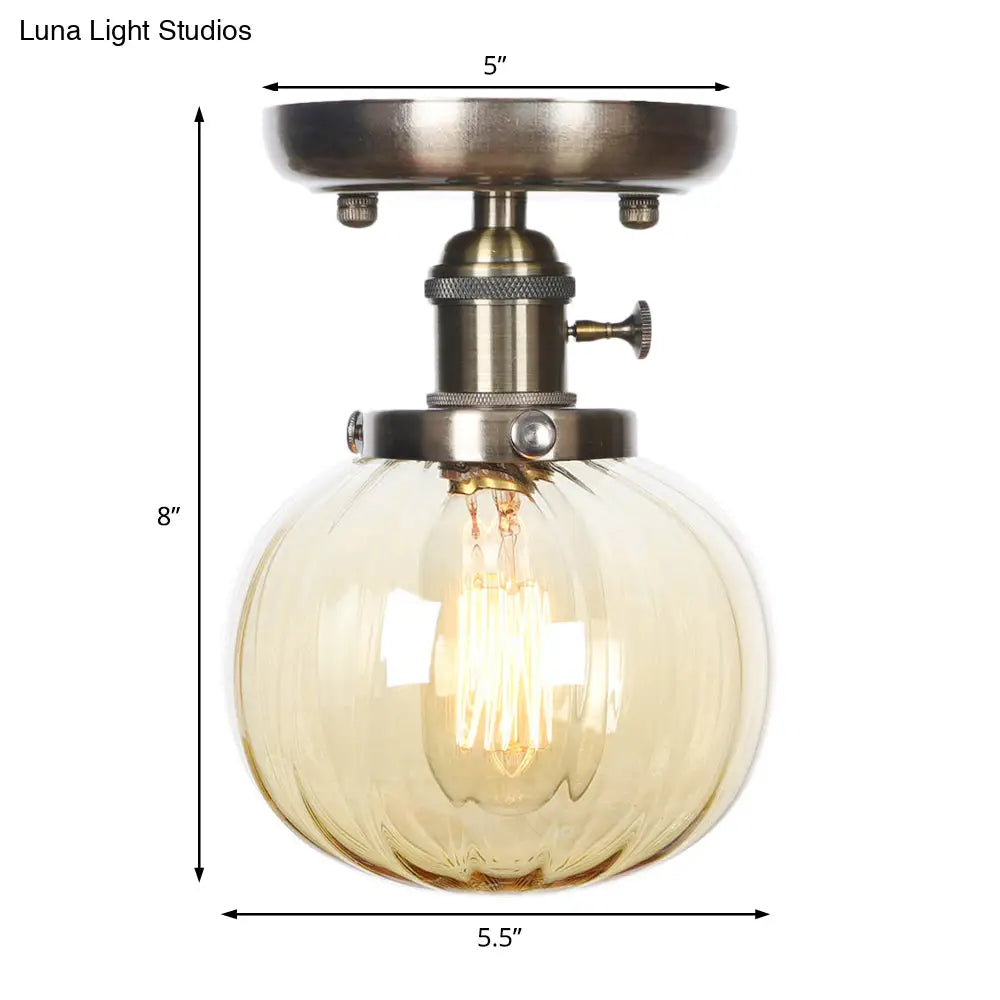 Industrial Bronze Globe Semi Flush Light With Clear/Amber Glass - Indoor Lighting Fixture