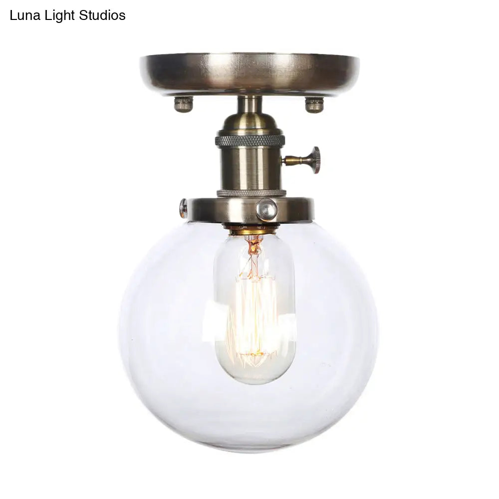 Industrial Bronze Globe Semi Flush Light With Clear/Amber Glass - Indoor Lighting Fixture