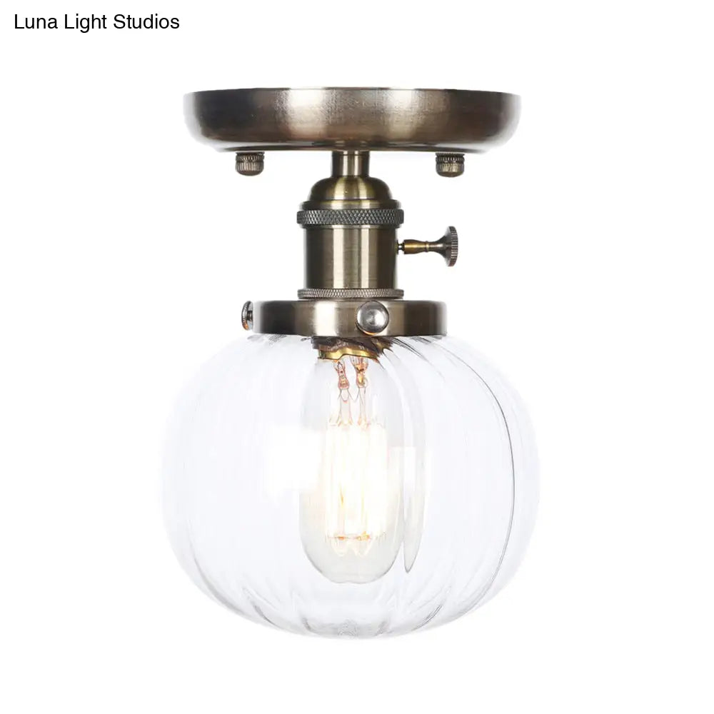 Industrial Bronze Globe Semi Flush Light With Clear/Amber Glass - Indoor Lighting Fixture