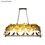 Industrial Cage Metal Pendant Light With Green Imitation Leaf For Dining Room