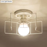 Industrial Cage Shade Ceiling Light For Bedroom - Black/White Metal Semi-Flush Mount