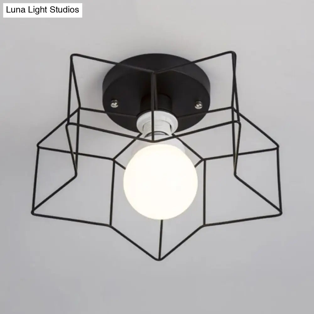 Industrial Cage Shade Ceiling Light For Bedroom - Black/White Metal Semi-Flush Mount