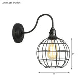 Industrial Cage Wall Sconce - 1 Bulb Metallic Lighting With Gooseneck Arm In Black