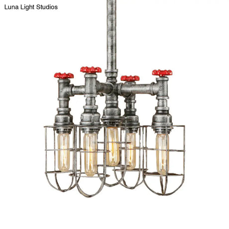 Industrial Caged Amber Glass Hanging Chandelier With Silver Valve - 5-Lights Ceiling Light Fixture
