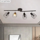 Industrial Ceiling Light With Mini Drum Cage Shade For Coffee Shop - 4 Lights Semi - Flush Iron