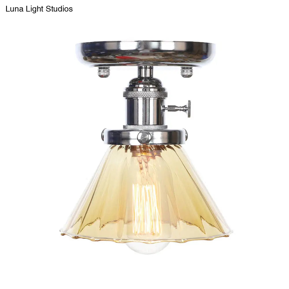 Industrial Chrome Ceiling Light - Semi Flush Mount With Clear/Amber Glass Bulb