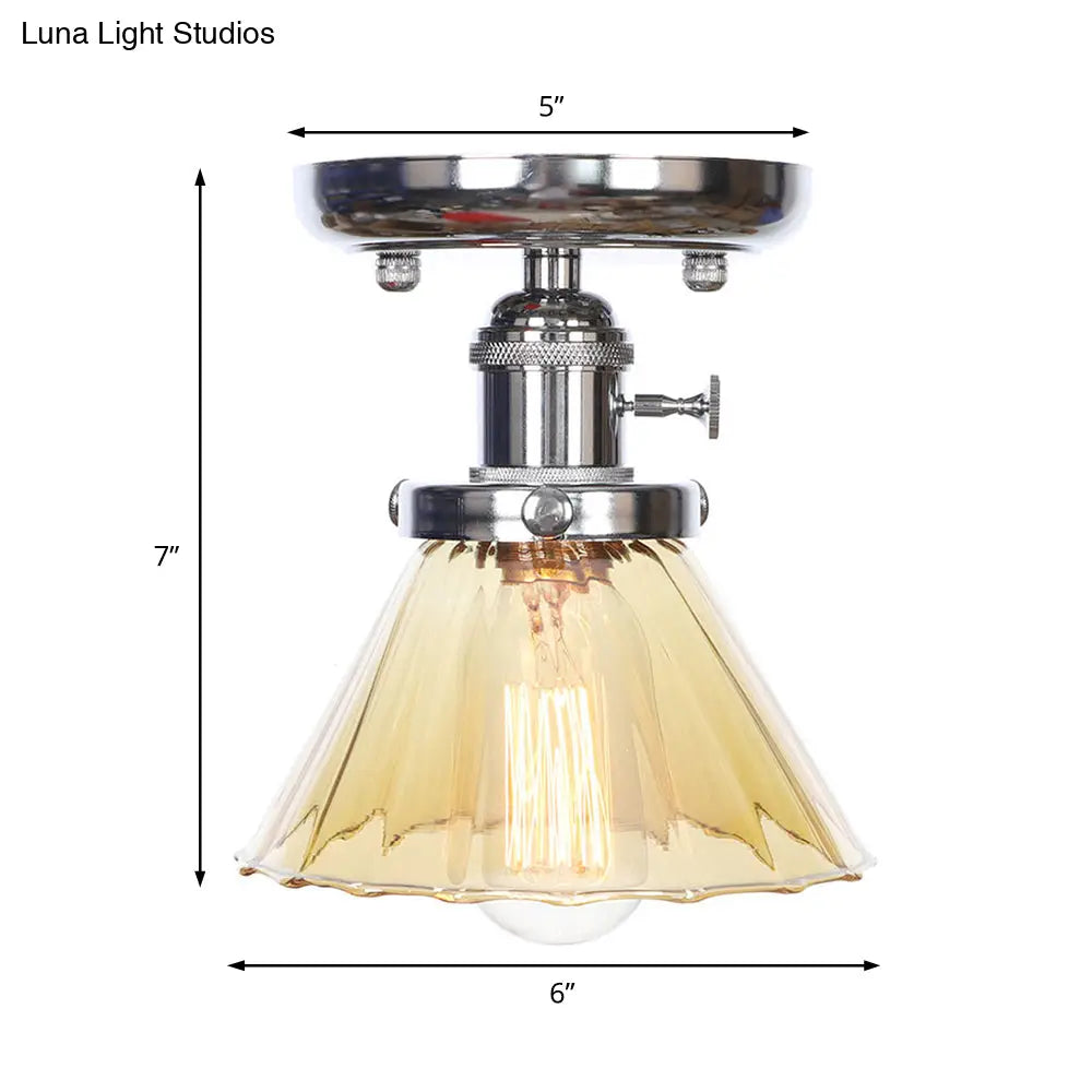 Industrial Chrome Ceiling Light - Semi Flush Mount With Clear/Amber Glass Bulb