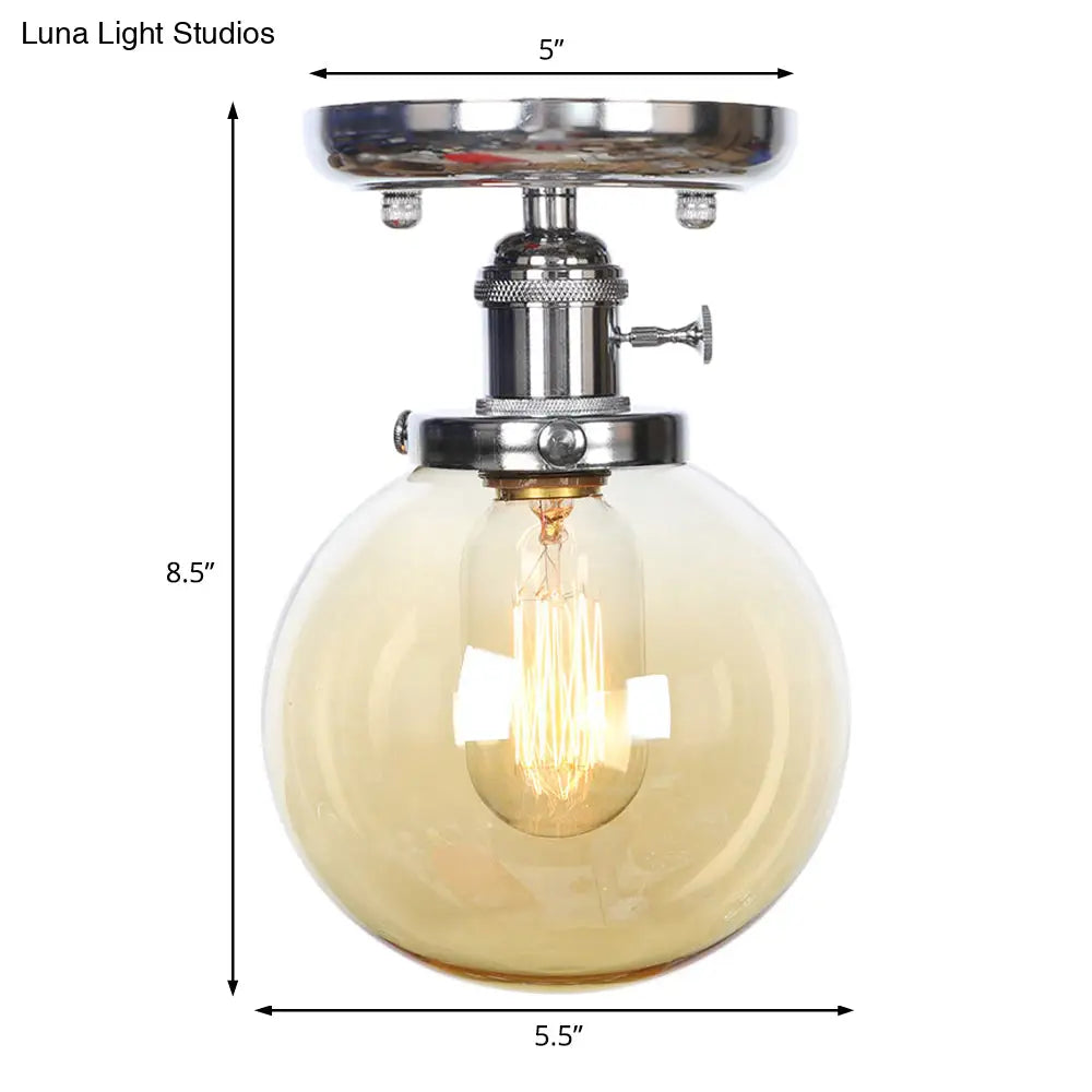 Industrial Chrome Ceiling Mount Light With Clear/Amber Glass Globe For Dining Room
