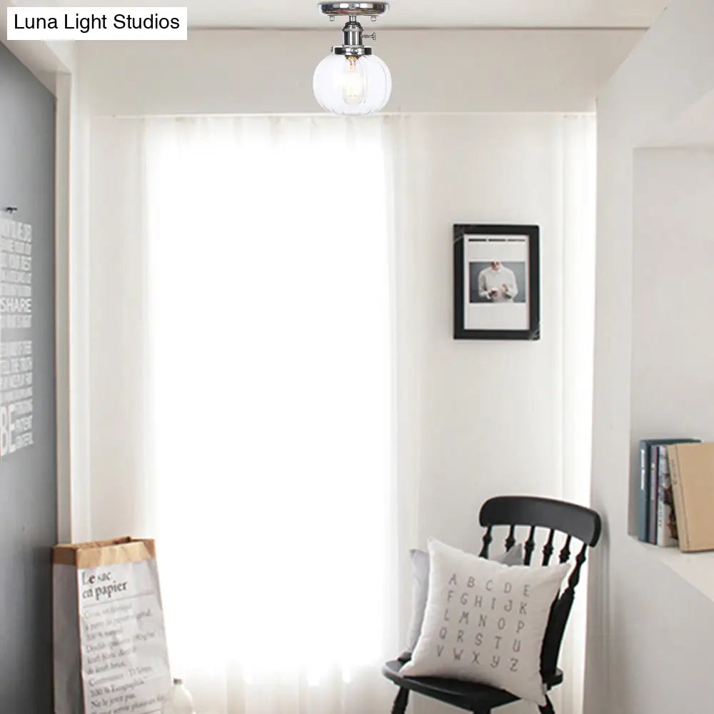 Industrial Chrome Ceiling Mount Light With Clear/Amber Glass Globe For Dining Room