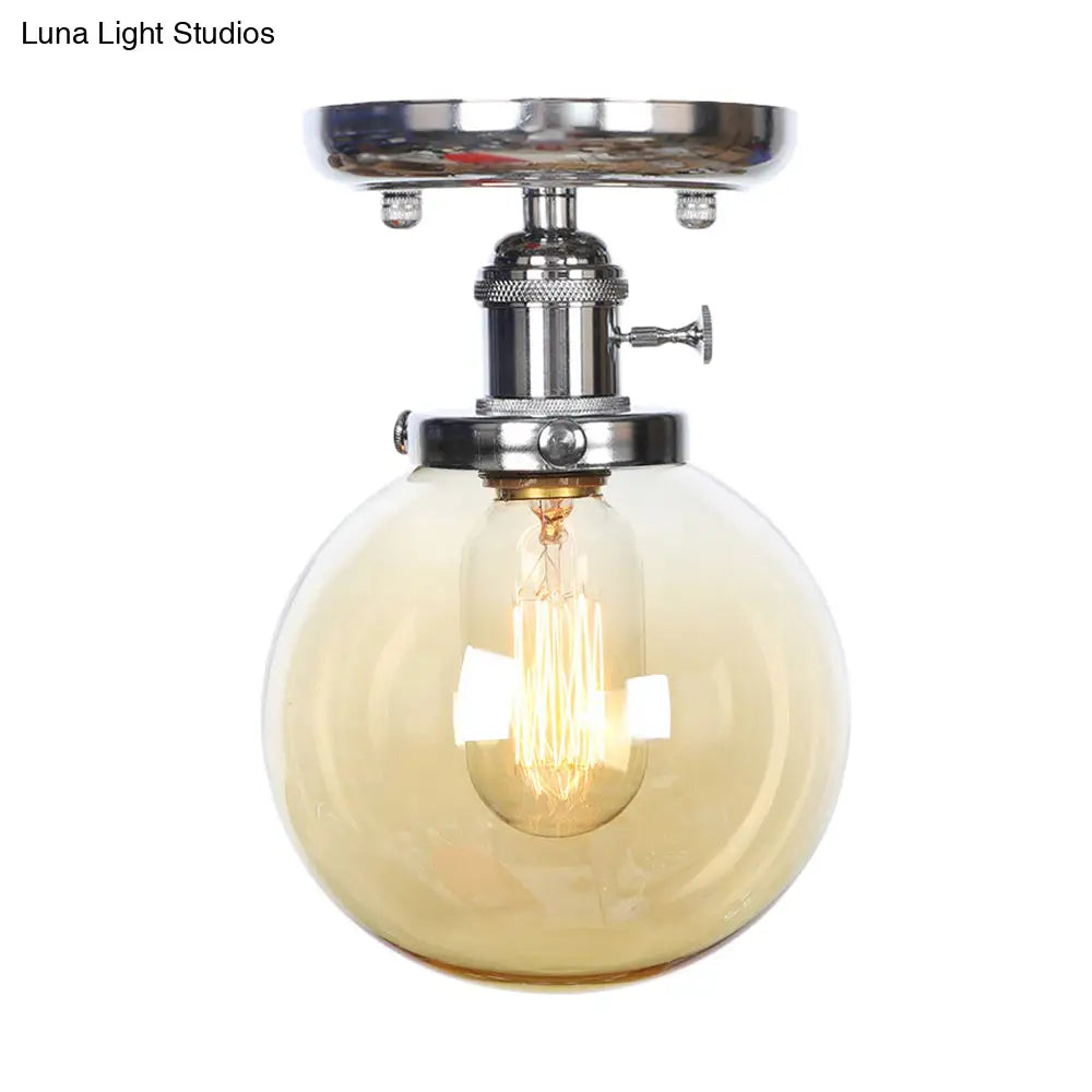 Industrial Chrome Ceiling Mount Light With Clear/Amber Glass Globe For Dining Room