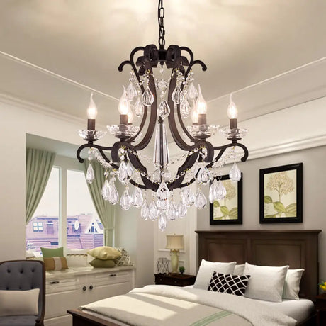Industrial Clear Crystal Pendant Light With Flameless Candle Hanging Design - 5/6 Bulbs Black Ideal