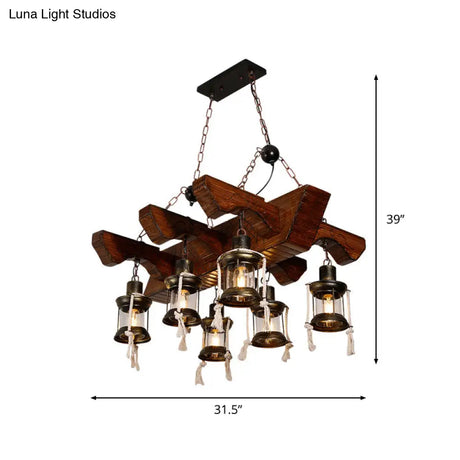 Industrial Clear Glass Chandelier With Wood Accents For Restaurant Ceiling - 4/6 Heads Lantern