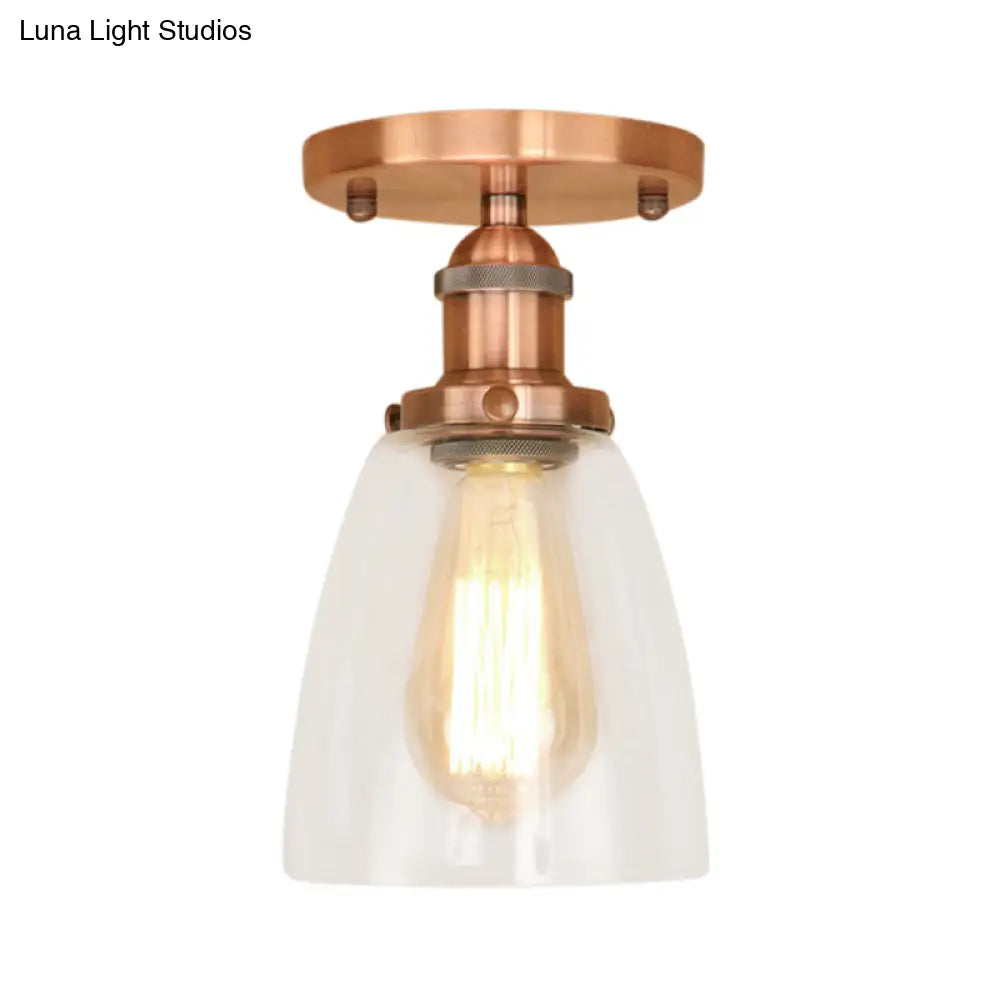 Industrial Clear Glass Conical Semi Flush Light For Foyer - Brass/Copper/Rust Ceiling Mount Fixture