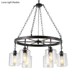 Industrial Clear Glass Cylinder Chandelier – Black 6/14 Light Hanging Fixture For Dining Room