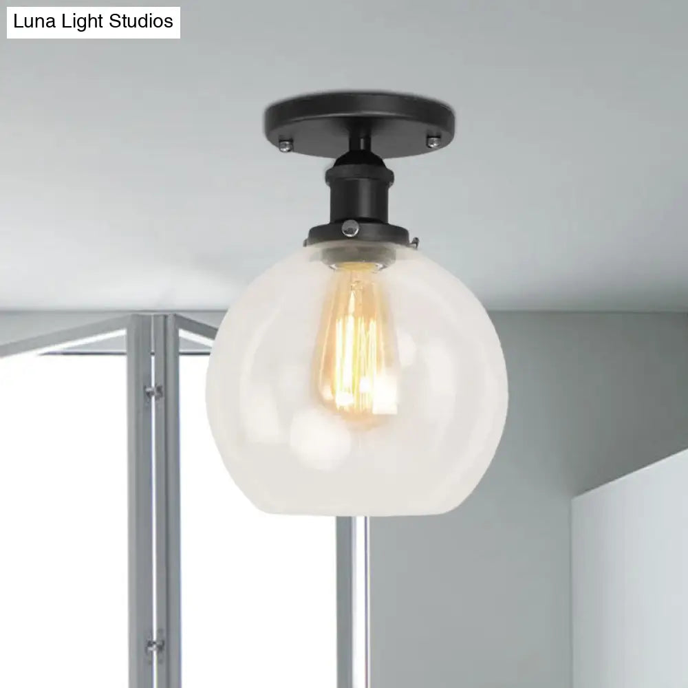 Industrial Clear Glass Spherical Balcony Ceiling Light Fixture – Black/Brass/Copper
