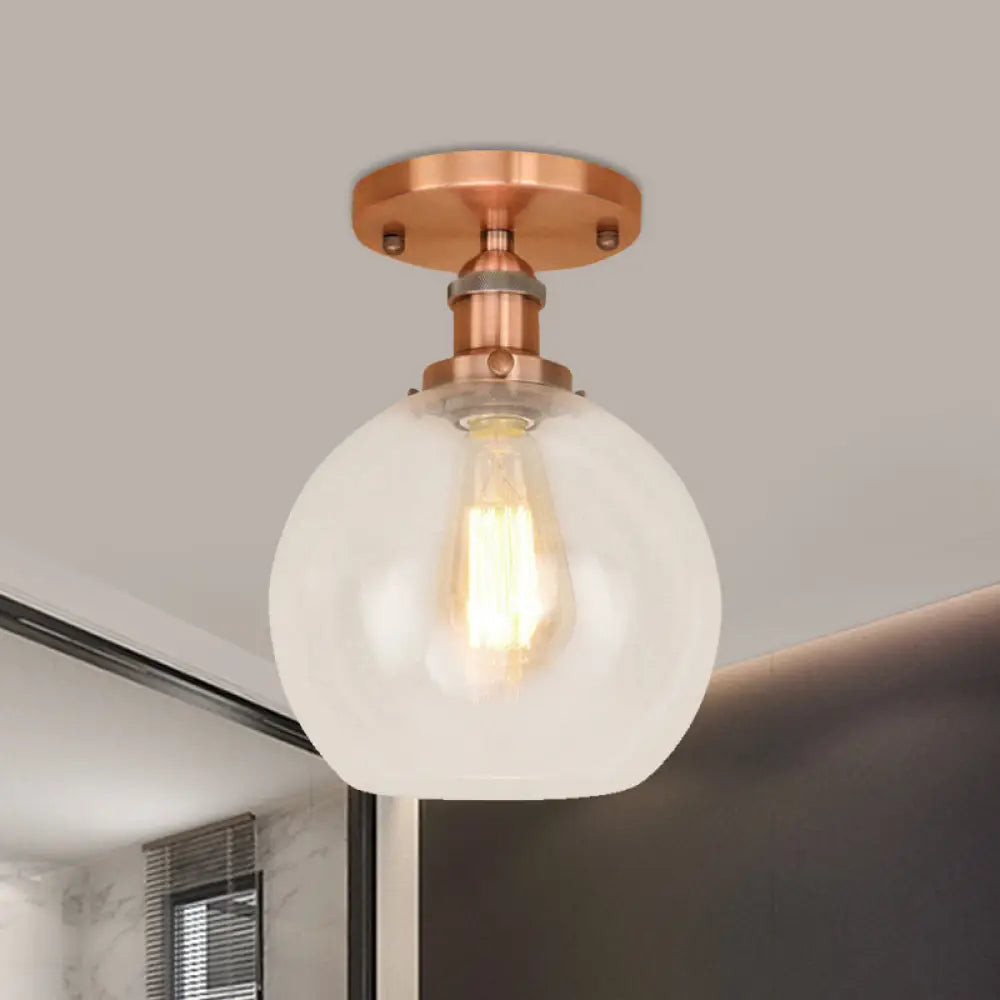 Industrial Clear Glass Spherical Balcony Ceiling Light Fixture – Black/Brass/Copper Copper