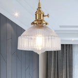 Industrial Clear Ribbed Glass Pendant Light Kit With Brass Fixture - Bowl Living Room Hanging