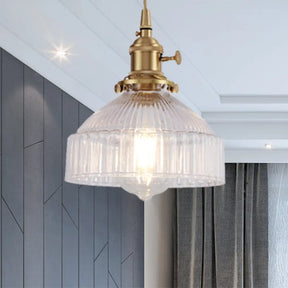 Industrial Clear Ribbed Glass Pendant Light Kit With Brass Fixture - Bowl Living Room Hanging