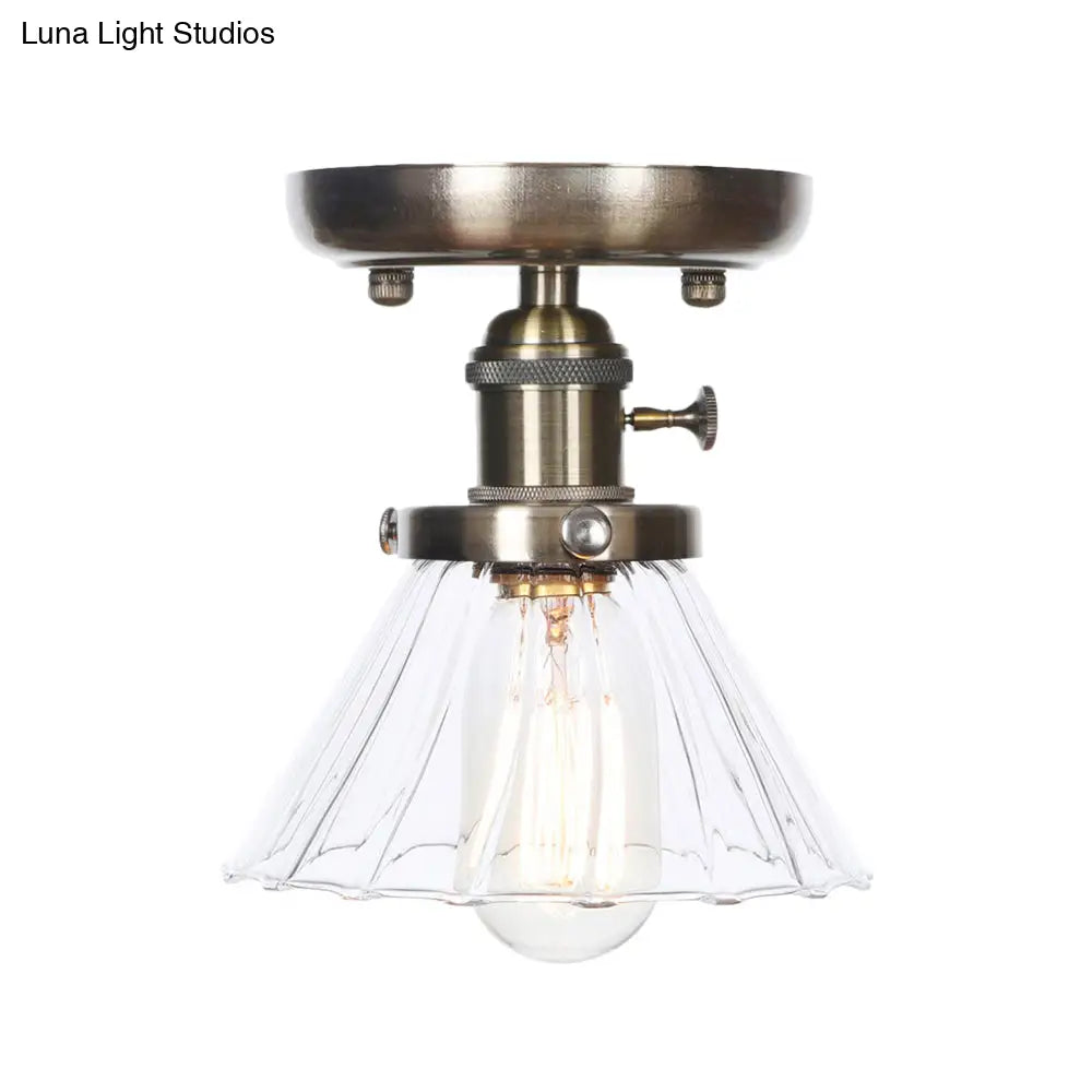 Industrial Cone/Bell/Rhombus Glass Semi Flush Mount Light - Bronze Finish