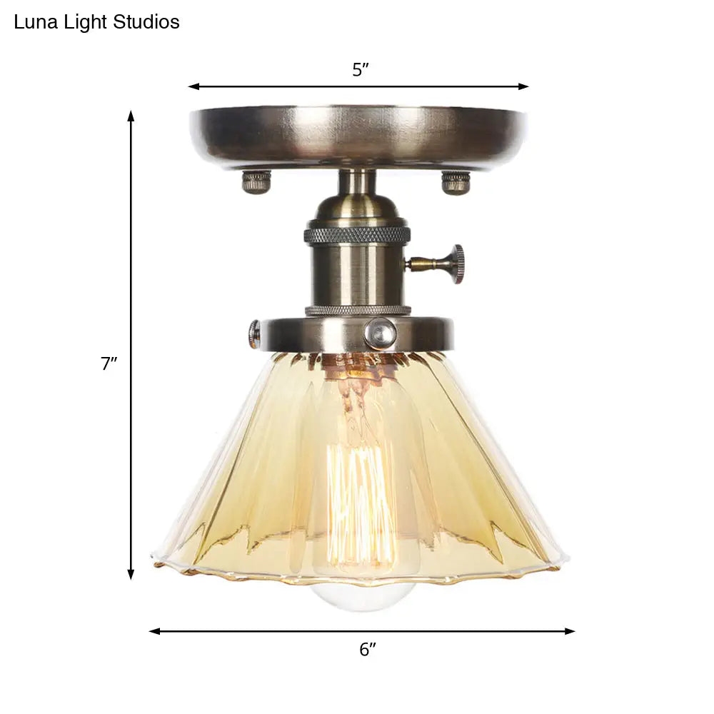 Industrial Cone/Bell/Rhombus Glass Semi Flush Mount Light - Bronze Finish