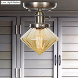 Industrial Cone/Bell/Rhombus Glass Semi Flush Mount Light - Bronze Finish