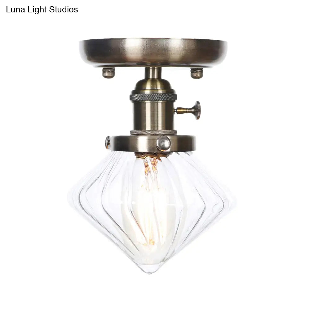 Industrial Cone/Bell/Rhombus Glass Semi Flush Mount Light - Bronze Finish