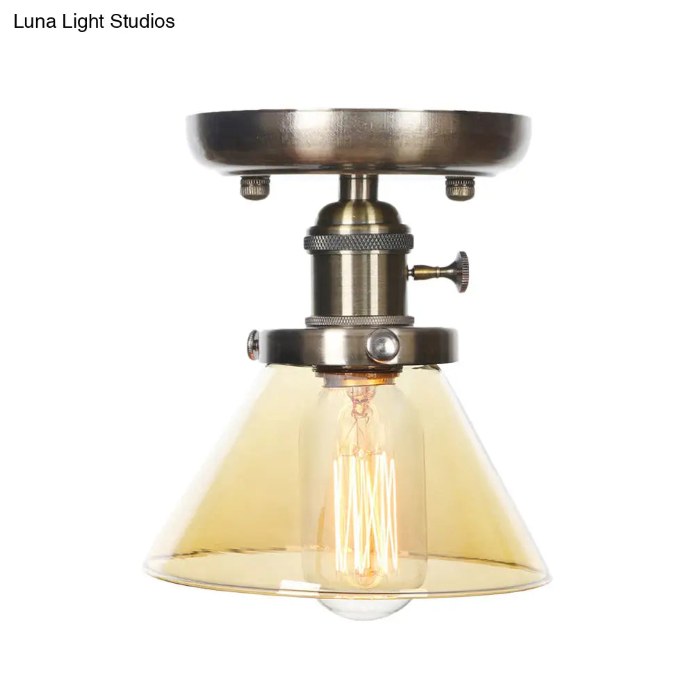 Industrial Cone/Bell/Rhombus Glass Semi Flush Mount Light - Bronze Finish