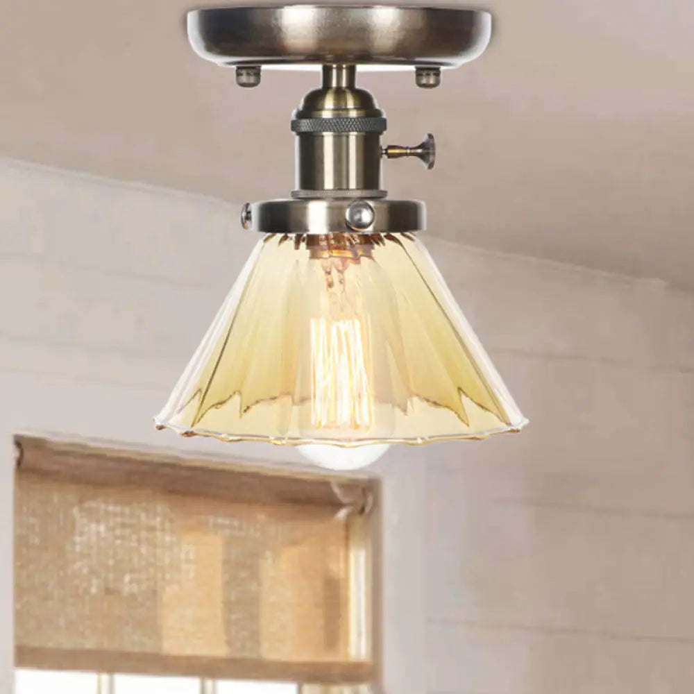 Industrial Cone/Bell/Rhombus Glass Semi Flush Mount Light - Bronze Finish Amber / Bell