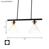 Industrial Cone Clear Glass Island Lamp In Black For Dining Table - 2/3 Lights Hanging Lighting