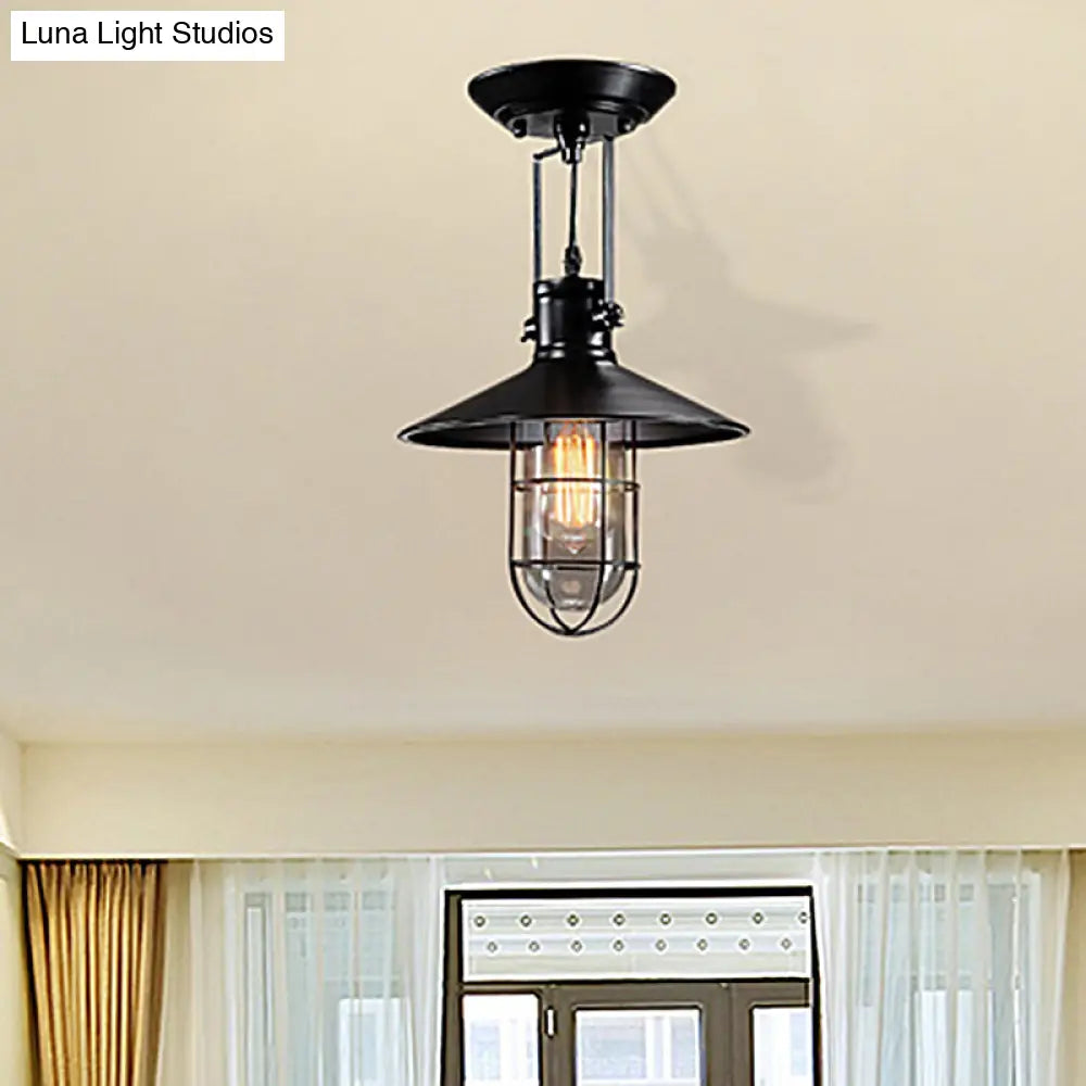 Industrial Cone Metal Ceiling Light In Black With Cage - Semi Flush Mount Single Bulb For Living