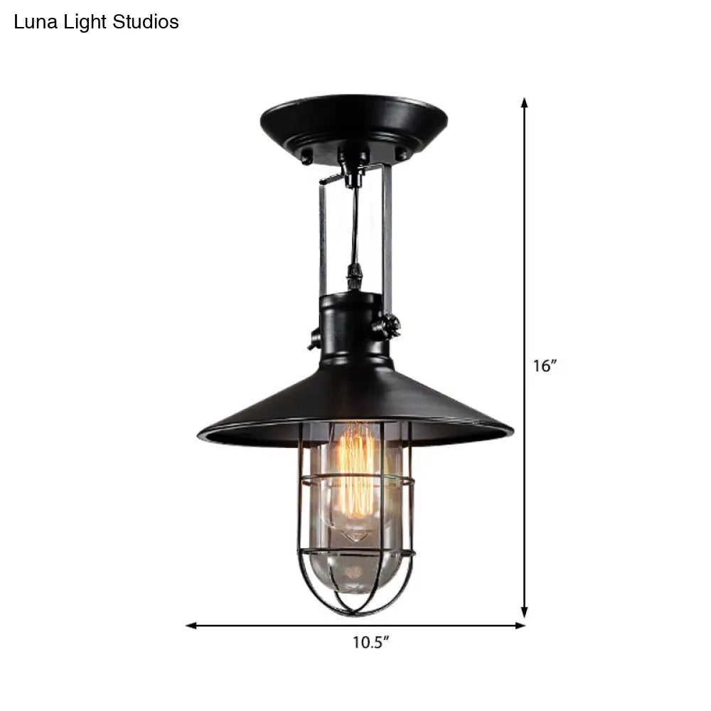Industrial Cone Metal Ceiling Light In Black With Cage - Semi Flush Mount Single Bulb For Living