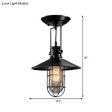 Industrial Cone Metal Ceiling Light In Black With Cage - Semi Flush Mount Single Bulb For Living