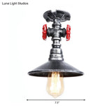 Industrial Cone Semi-Flush Ceiling Light With Red Faucet Valve In Black/Bronze For Bedroom
