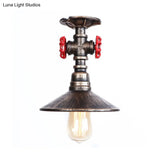 Industrial Cone Semi-Flush Ceiling Light With Red Faucet Valve In Black/Bronze For Bedroom