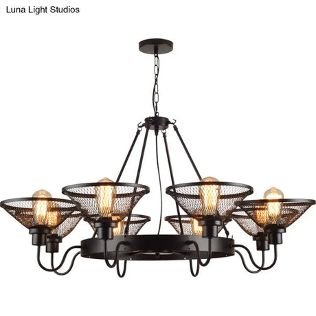 Industrial Conical Mesh Chandelier - Black Metallic Suspended Lighting For Restaurants