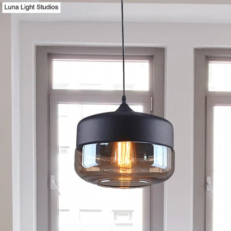 Industrial Cylinder Pendant Light With Brown Glass Shade - 1-Light Hanging Ceiling Fixture In Black