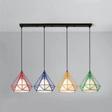 Industrial Diamond Wire Cage Pendant Light With Multi-Colored Shade - 5 Lights Red-Yellow-Blue-Green