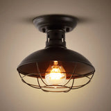 Industrial Dome Metal Ceiling Light With Cage In Black - Single Bulb Semi Flush Mount