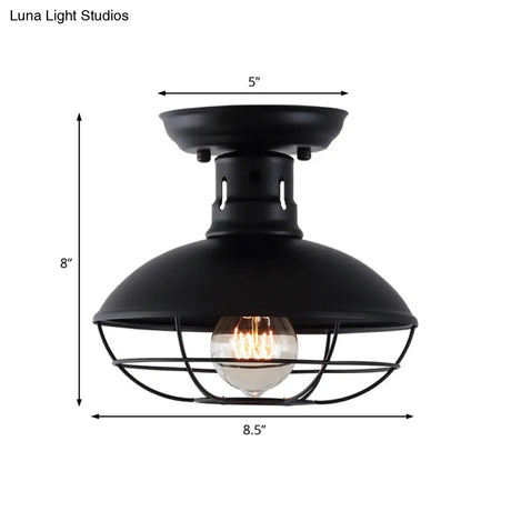 Industrial Dome Metal Ceiling Light With Cage In Black - Single Bulb Semi Flush Mount