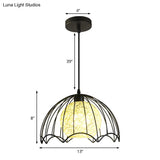 Industrial Dome Metal Hanging Lamp With Rattan Shade - 1 Light Black Ceiling Fixture For Dining Room
