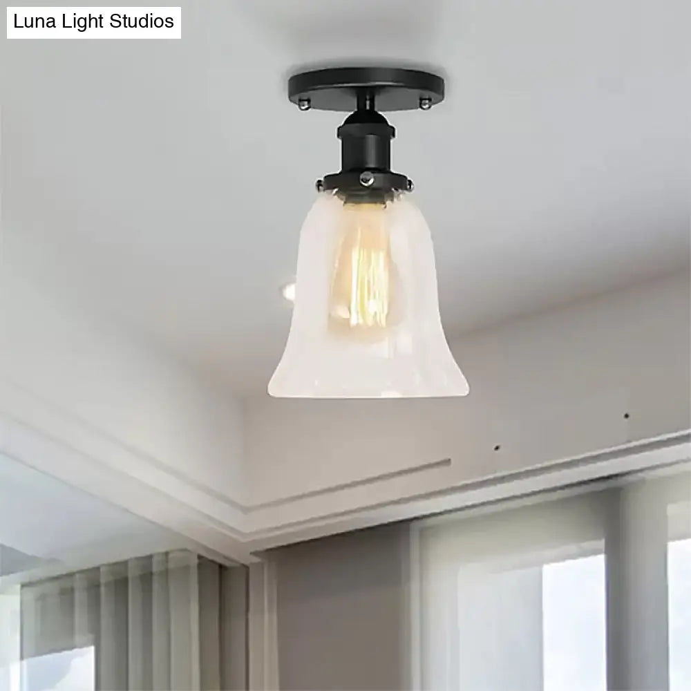 Industrial Flared Glass Semi Flush Mount Light With Clear Bulb In Black/Bronze/Copper