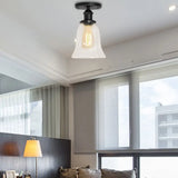 Industrial Flared Glass Semi Flush Mount Light With Clear Bulb In Black/Bronze/Copper Black
