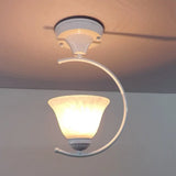 Industrial Flower/Bell Semi Flush Mount Ceiling Light - Single Bulb Frosted Glass White/Black For