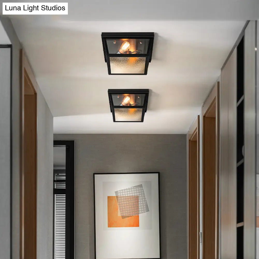 Industrial Flush Ceiling Fixture With Frosted Glass - 2 Lights Black Finish