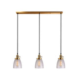 Industrial Glass Pendant Lights For Bar - 3 Tapered Pendants On Hanging Cord Brass / Linear