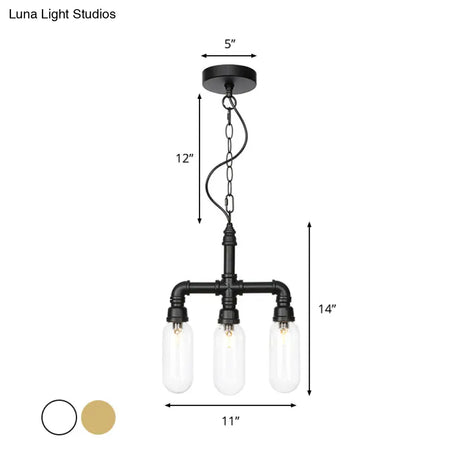 Industrial Glass Pipe Chandelier With Amber/Clear Accents - 3-Head Led Ceiling Fixture For Dining