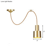 Industrial Gold Metallic Cylinder Pendant Light With Adjustable Ceiling Hang