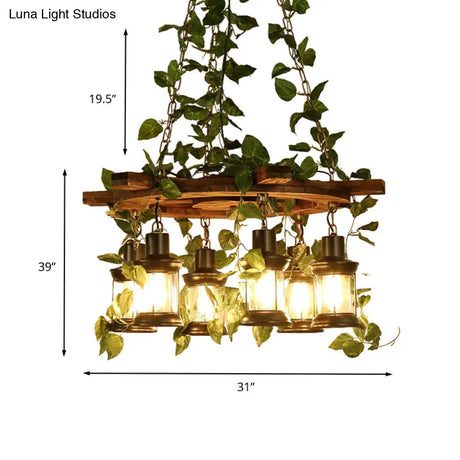 Industrial Green Lantern Wooden Chandelier - Led Restaurant Ceiling Light (3/6/8 Heads)