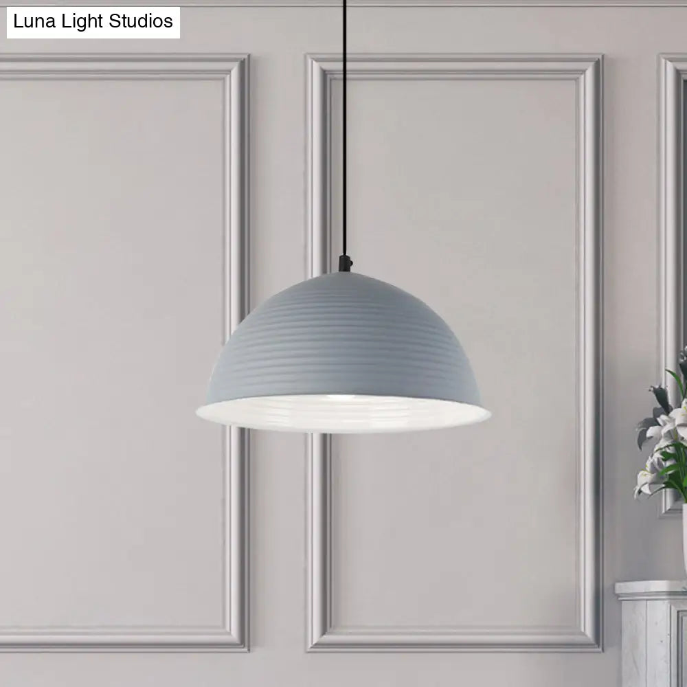 Industrial Grey/Yellow Hanging Lamp With Ribbed Dome Shade - 1 Light 12’/16’ Wide Metal Indoor